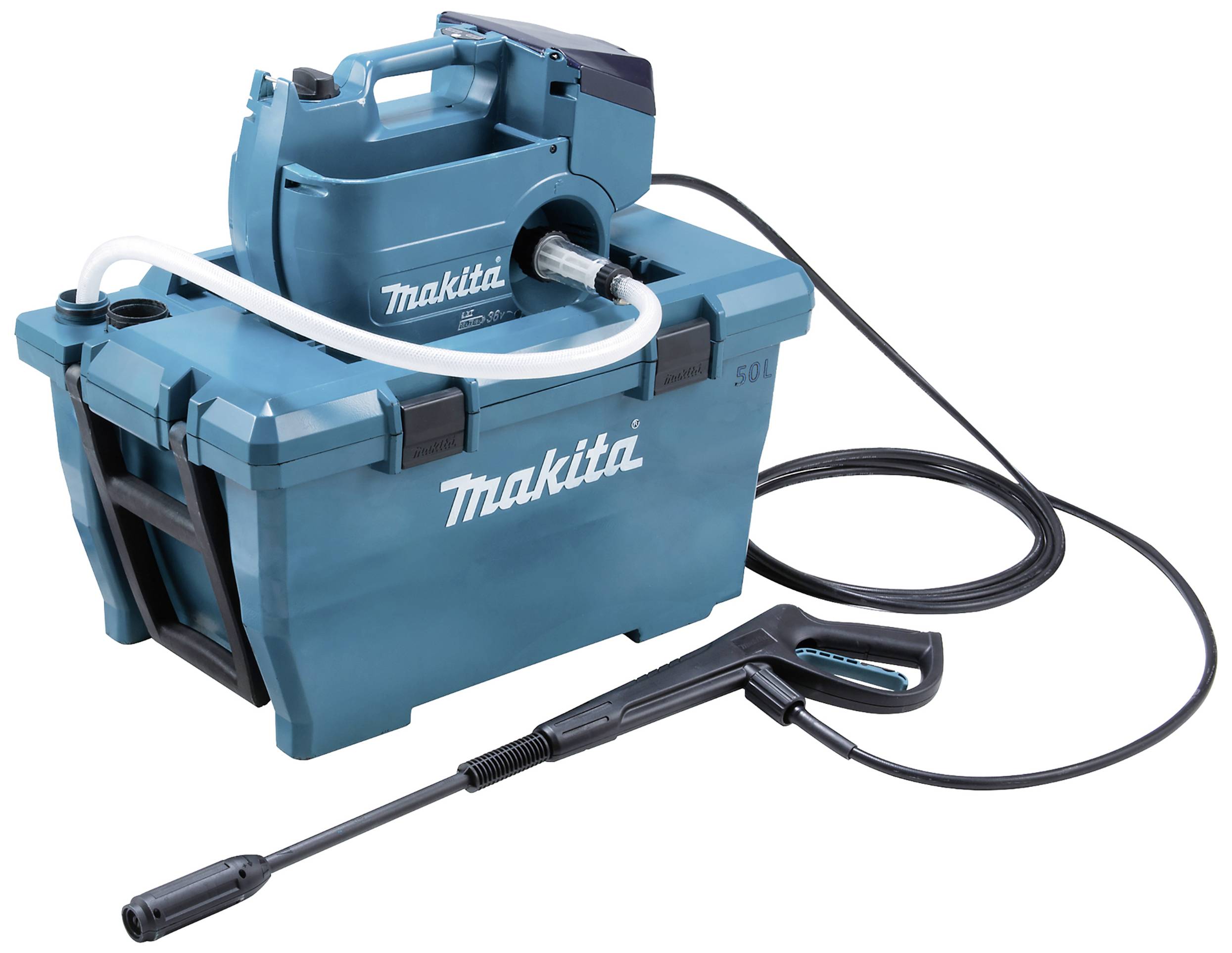 En bärbar högtryckstvätt från Makita, med en slang och en sprutpistol. Enheten är monterad på en robust behållare.