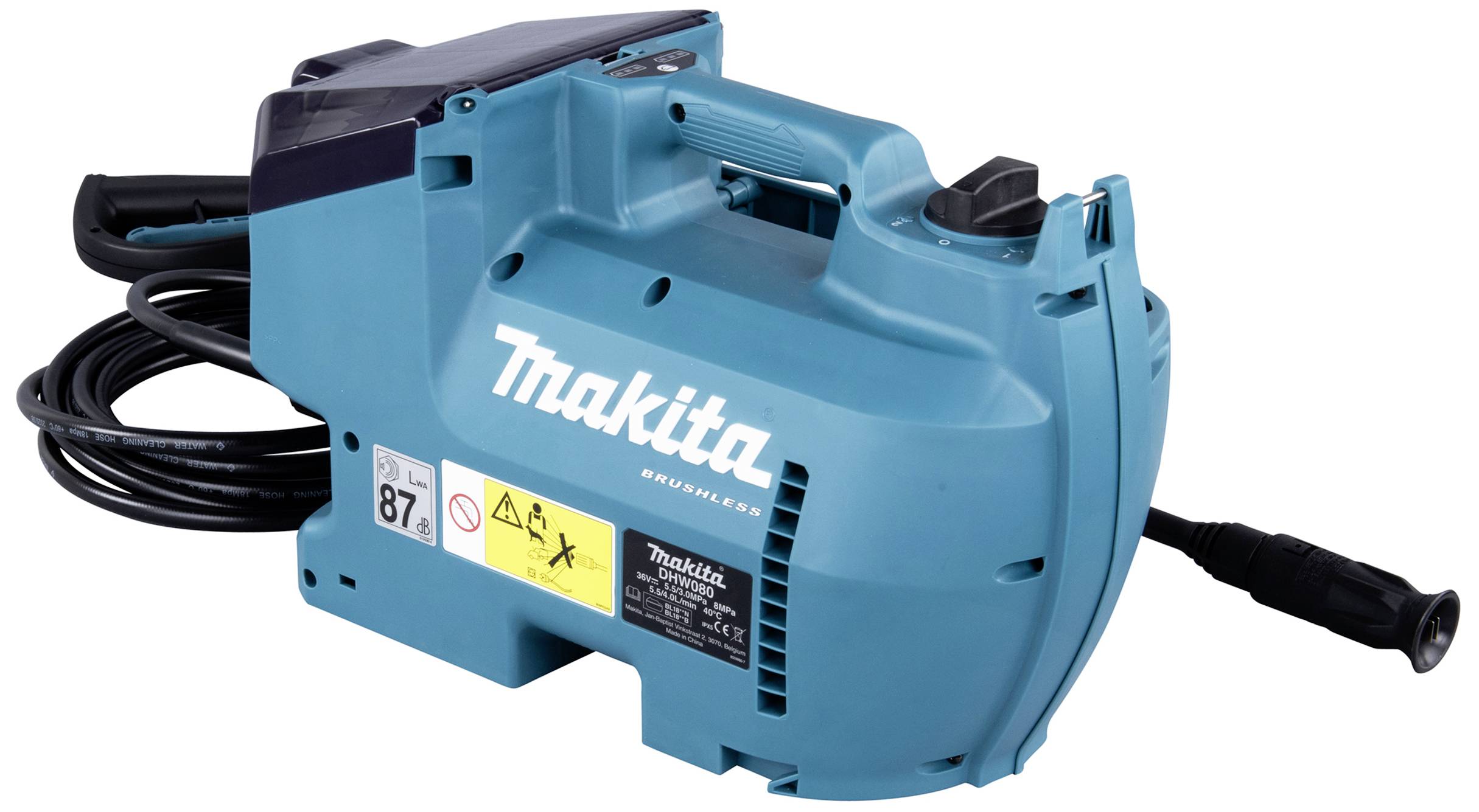 Blå bärbar elektrisk generator med logotyp och tekniska detaljer på sidan.