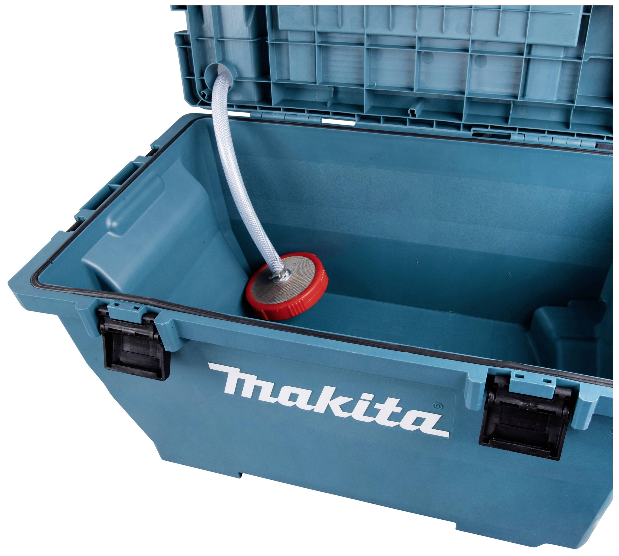 Öppen blå verktygslåda från Makita med en röd slangkoppling inuti.