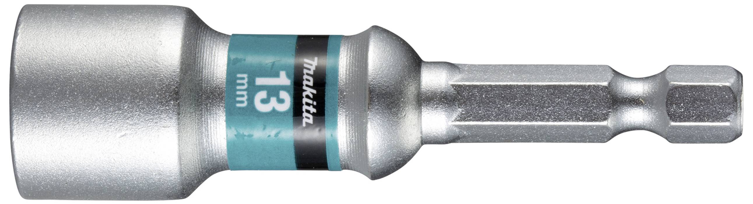 Metallisk sexkantig hylsnyckel med 13 mm storlek och Makita-logotyp, designad för skruvarbeten.