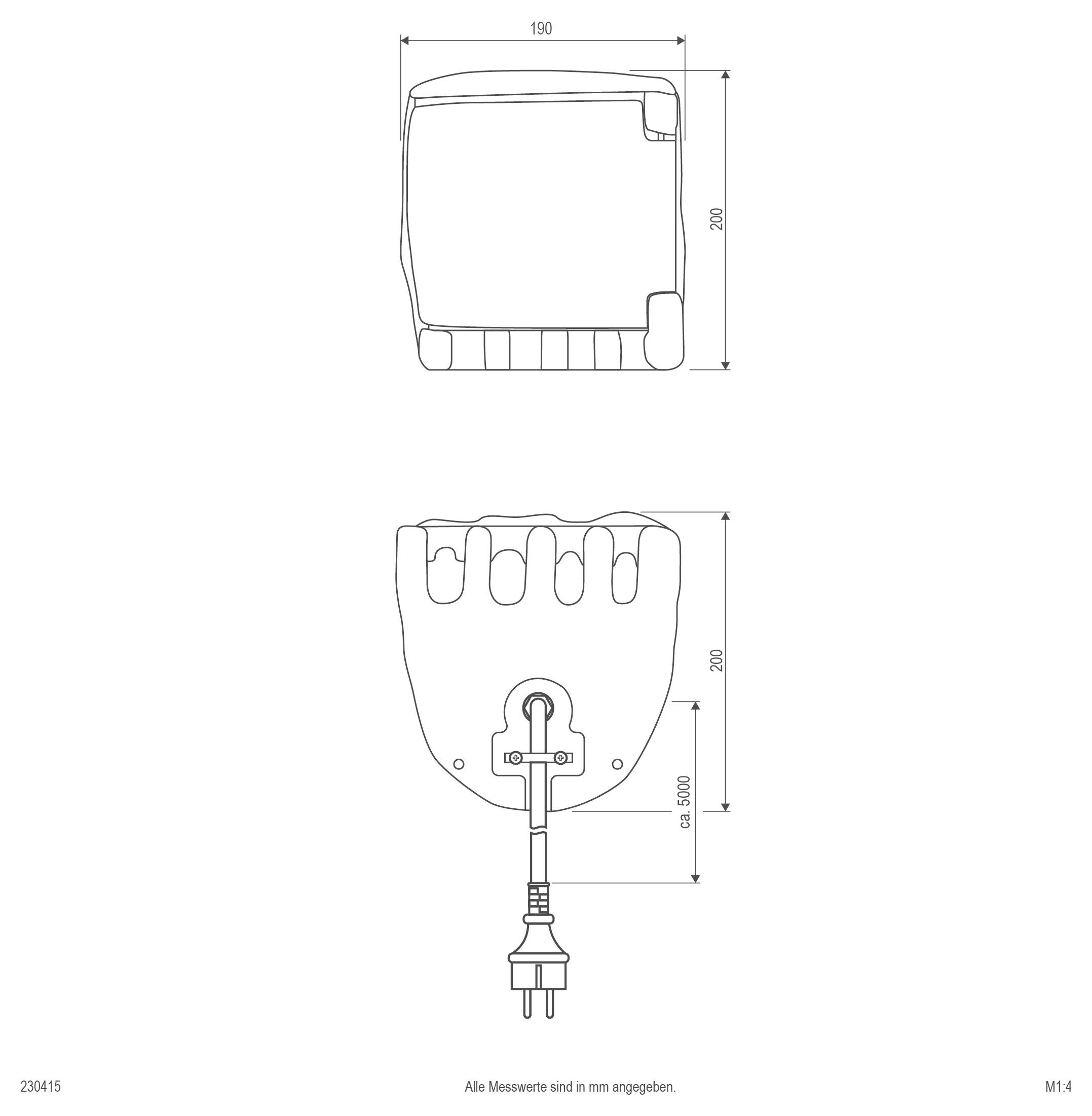 Teknisk linjebild av en kompakt elektrisk enhet med front- och bakgrundsvyer, som visar dimensioner på 190 mm bredd och 200 mm höjd samt en snorad stickförbindelse.