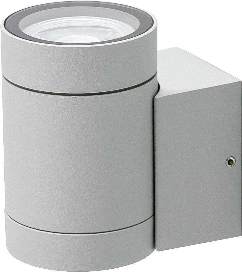 Silver cylindrisk väggmonterad belysningsarmatur med framskjutande rektangulär kapsling och cirkulär lins