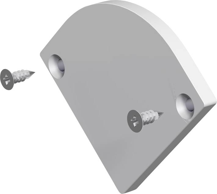 Grå böjd panel visad med två skruvhål och två skruvar, en justerad för att fästa panelen och en annan flytande i närheten på en vit bakgrund.