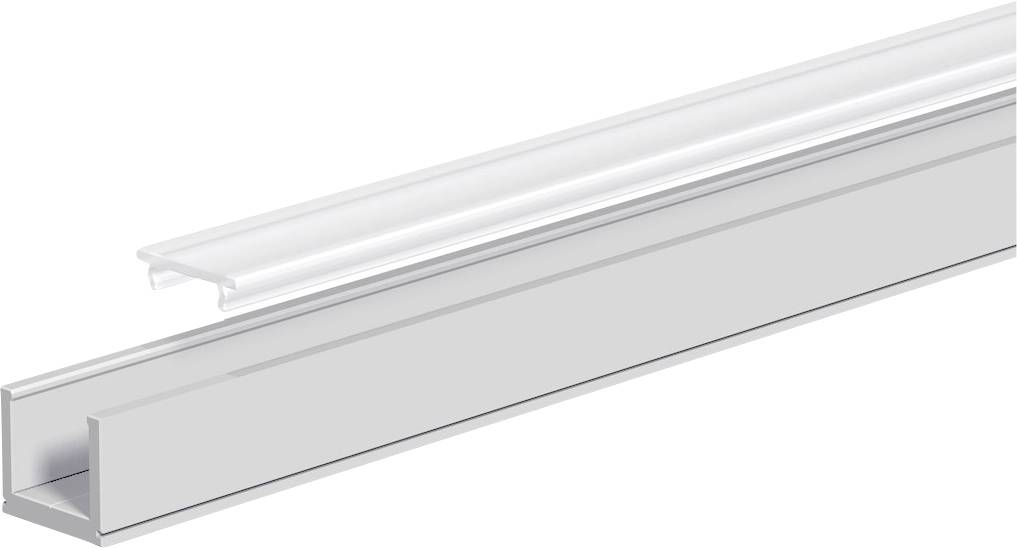 Vit aluminium U-kanalprofil med transparent plastlock, visad i perspektiv mot vit bakgrund.