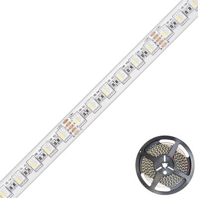 Rulle med vitt LED-ljusband med självhäftande baksida, visad diagonalt, plus en rulle av bandet i nedre högra hörnet.