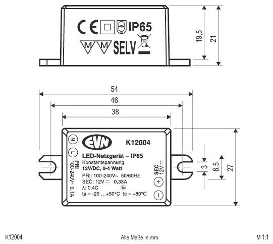 Teknisk ritning av en EVN K12004 LED-strömförsörjning, som visar dimensioner och märkningar inklusive "LED-strömförsörjning - IP65", "12V/DC, 0-4 Watt" och storleksmätningar i mm.
