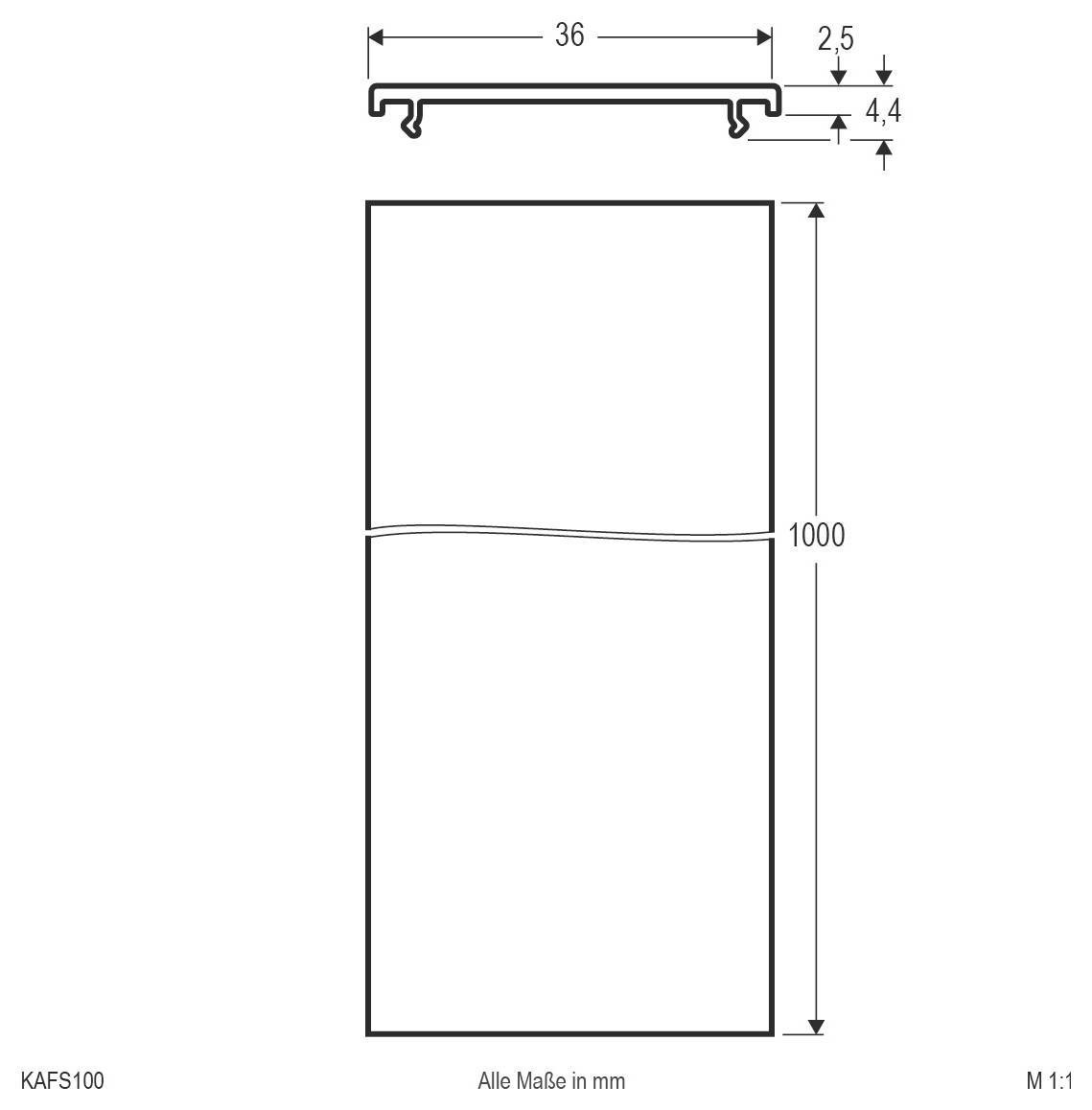Teknisk dimensionsritning av en rektangulär panel, 1000 mm hög och 36 mm bred, med ett tvärsnitt som visar tjockleksdetaljer på 2,5 mm och 4,4 mm.