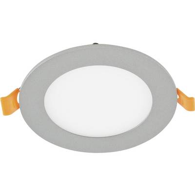 Rund silvergrå infälld LED-panellampa med orange fjäderklipp på båda sidorna.