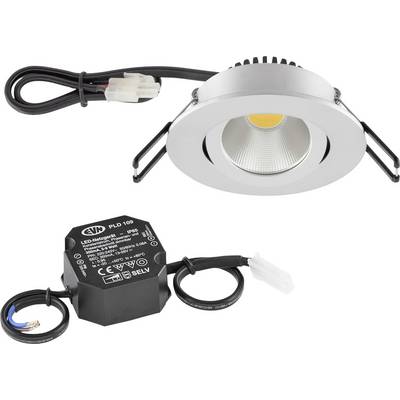 Infälld LED-downlight-kit med silverram, ansluten strömkabel och separat svart drivare med kopplingar.
