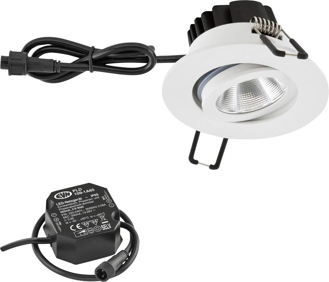 Nedsänkt LED-spotlampskit med vit ram, ansluten nätsladd och separat svart drivmodul på vit bakgrund.