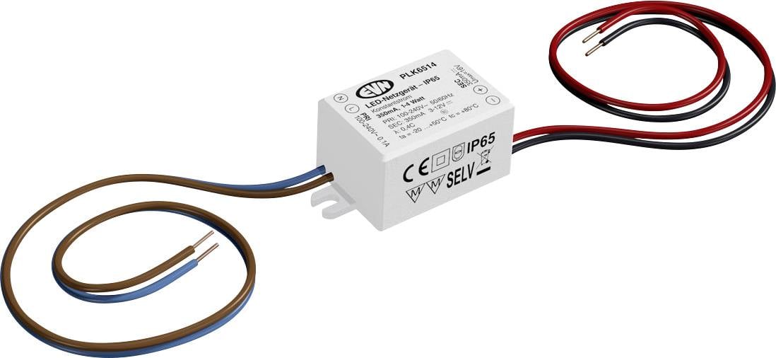 Liten vit elektronisk modul med två trådpar: bruna/blå ingångsledningar och röda/svarta utgångsledningar, visad på vit bakgrund.