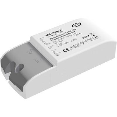 Vit LED-transformator/driverenhet med grå ändkappa och tryckta elektriska specifikationer på toppen