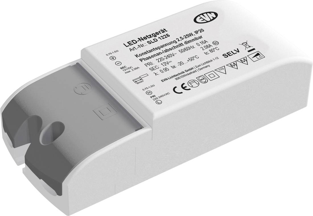 Vit LED-drivar strömförsyningsmodul med grå ändkåpa och tryckt tekniska specifikationer på toppen.