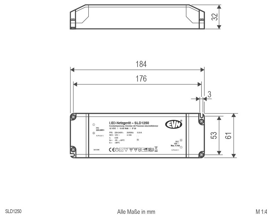 Teknisk dimensionsritning av en LED-driver märkt "SLD1250", som visar översikte och frontvyer med mätningar i millimeter, inklusive 184 mm längd och 32 mm höjd.