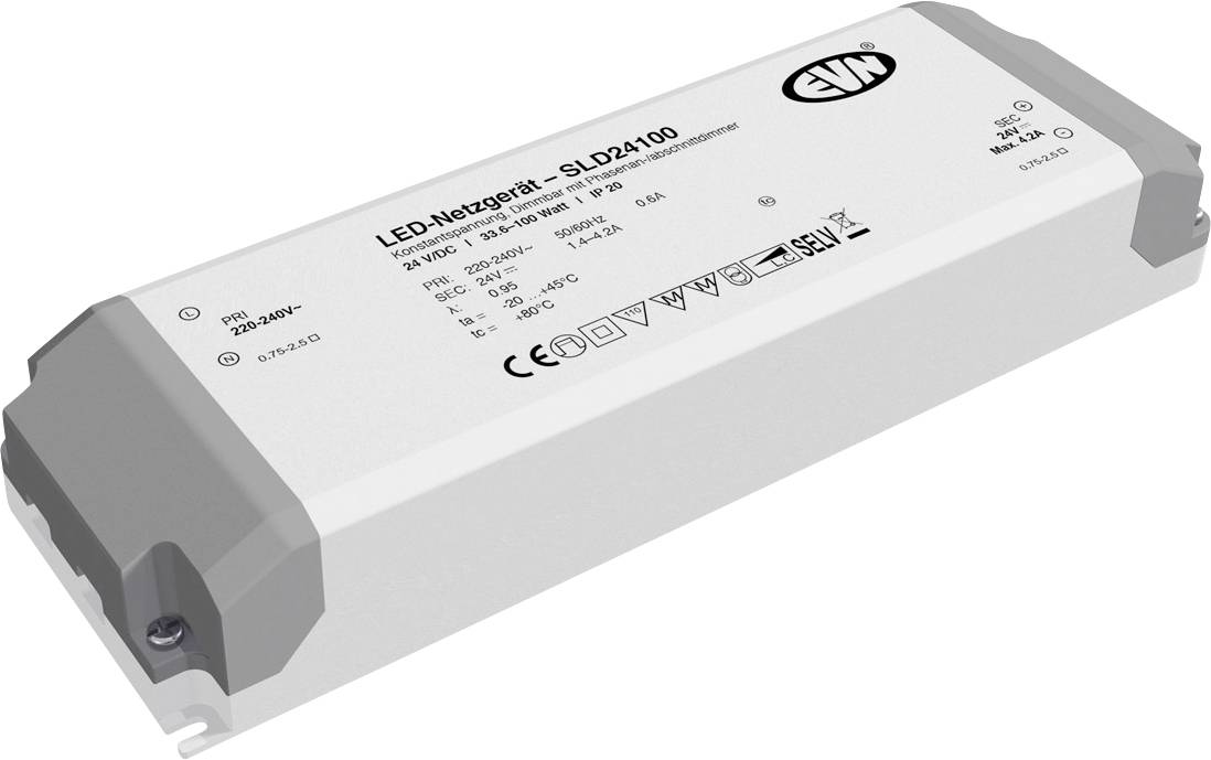 Vit LED-strömförsyningsenhet märkt 'LED-Netzgerät - SLD40100' med grå ändkapslar och monteringsfäste.