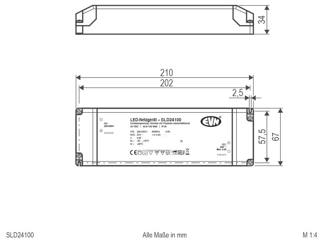 Teknisk dimensionsritning av en LED-strömförsörjning, visar sido- och frontvyer med mätningar i millimeter, inklusive längd 210, bredd 67 och höjd 34.
