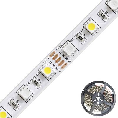 En rulle RGB LED-remsor med flera tända vita och gula lysdioder visade diagonalt, plus en liten spole av remsan längst ned till höger.