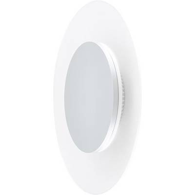 Minimalistisk vit rundvägglampa med en stor oval mittelpanel och mjuk grå insats, visad mot en plain vit bakgrund.