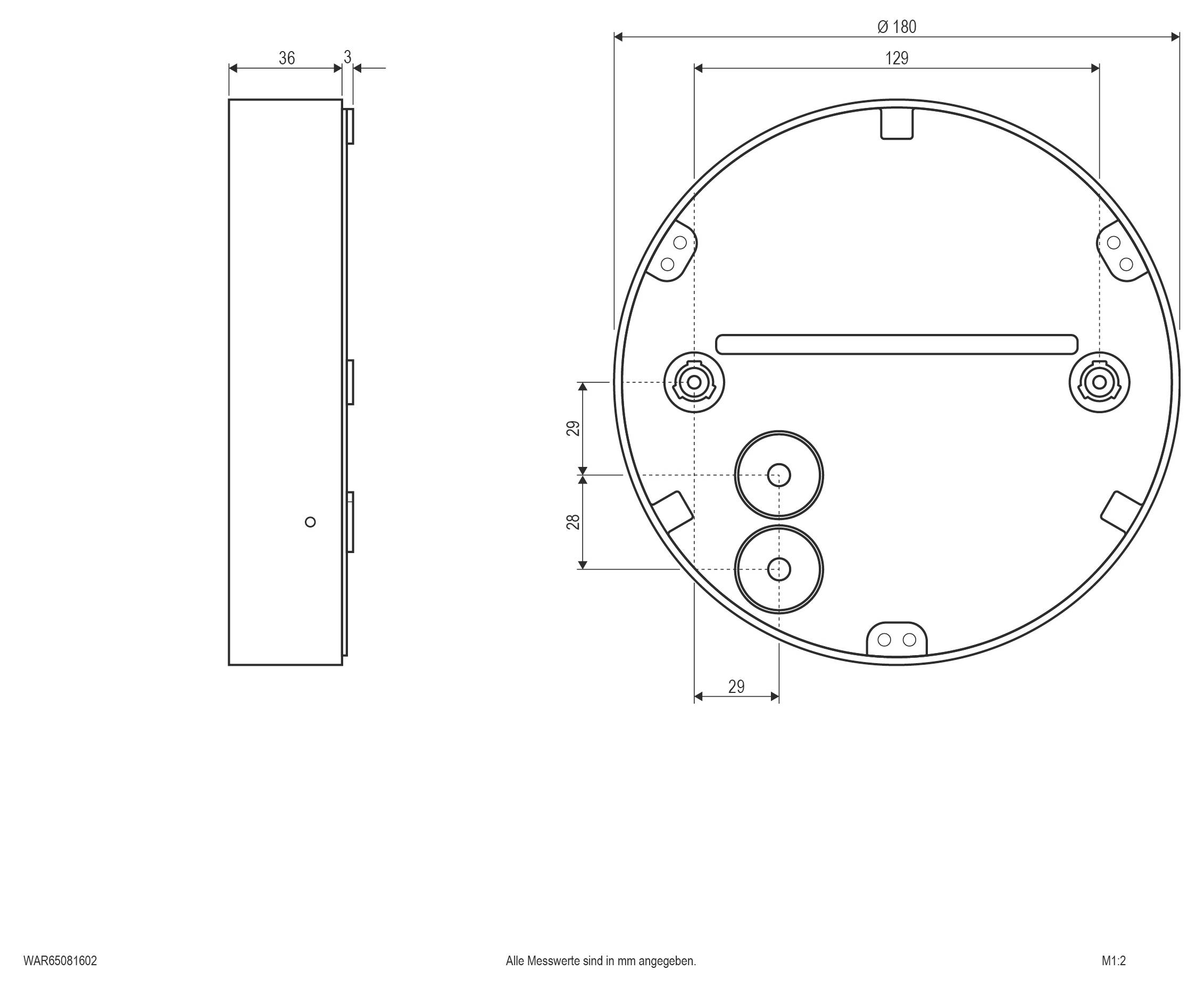 Teknisk ritning av en cirkulär enhet, visar front- och sidovyer med diameter- och komponentmätningar märkta i millimeter.