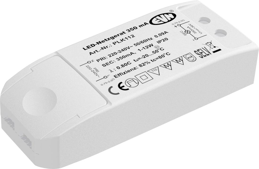 Vit LED-strömförsyningsmodul märkt "LED-Netzgerät 350 mA" med kopplingsschema och elektriska specifikationer tryckt på toppen.