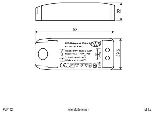 Teknisk ritning av en LED-drivermodul märkt PLK112, som visar front- och sidovyer med dimensioner på 98 mm lång och 39,5 mm bred, plus 22 mm höjd.