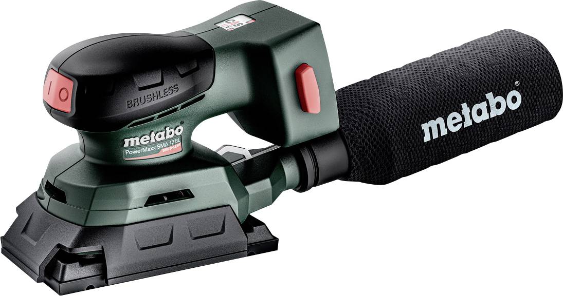 Grön Metabo trådlös handslipmaskin med dammväska på vit bakgrund.