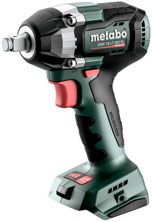 Trådlös Metabo slagskruvdragare med batteribas, grön-och-svart kropp, röd avtryckare och synlig "SSW 18 LTX 300 BL"-etikett.