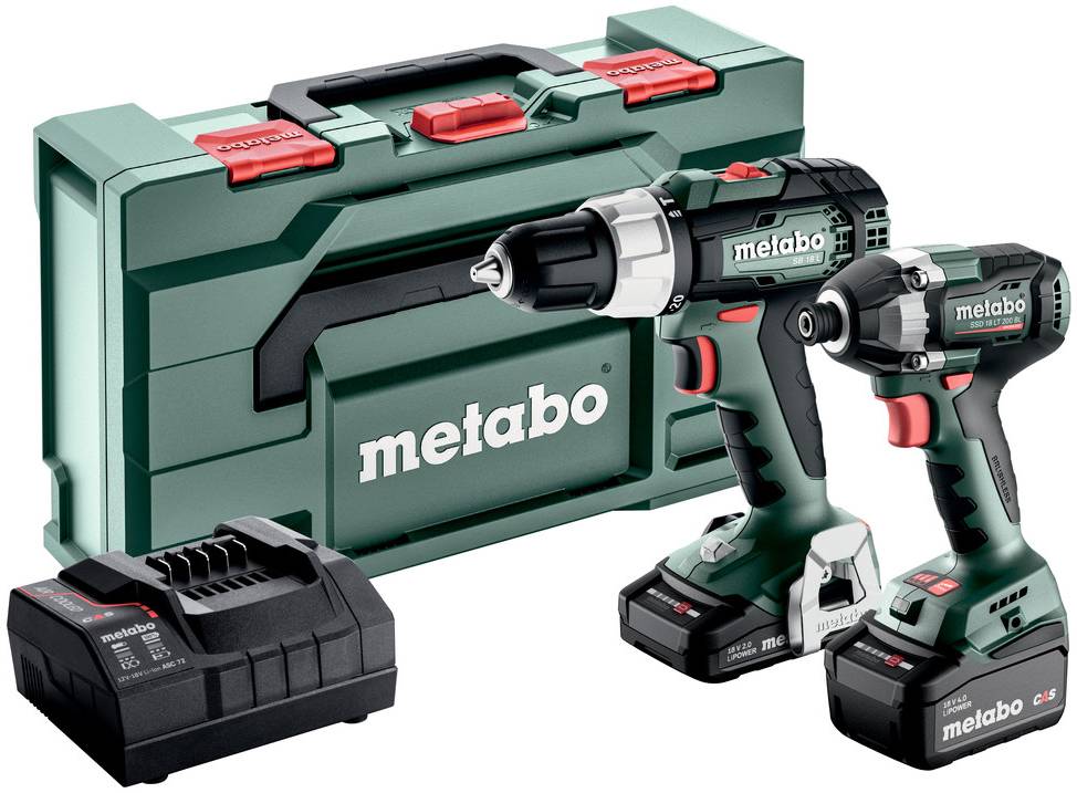 Metabo trådlös borrslipare och slagskruvdragare uppsättning med batteri, laddare och bärväska på vit bakgrund.