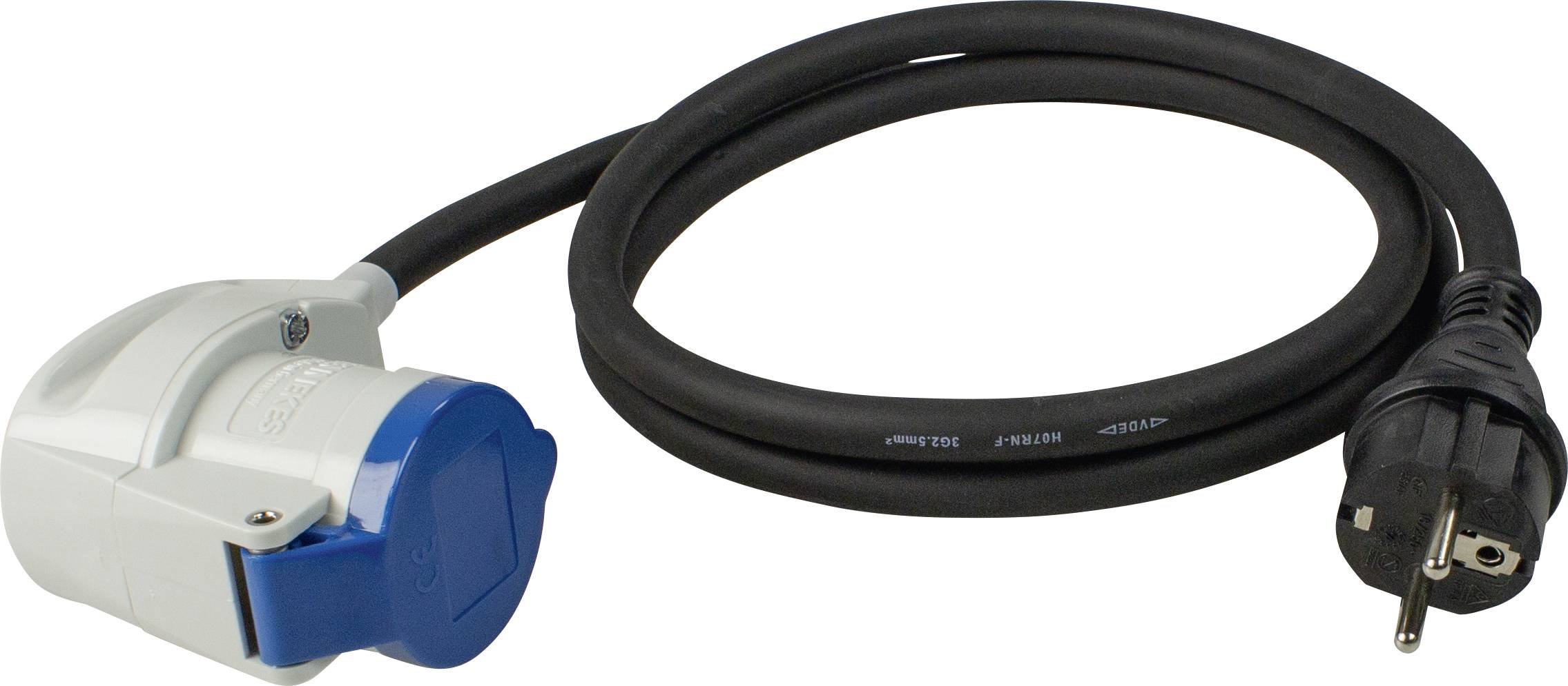 Ett svart elkabel med en blå CEE-adapter på ena sidan och en Schuko-kontakt på den andra.