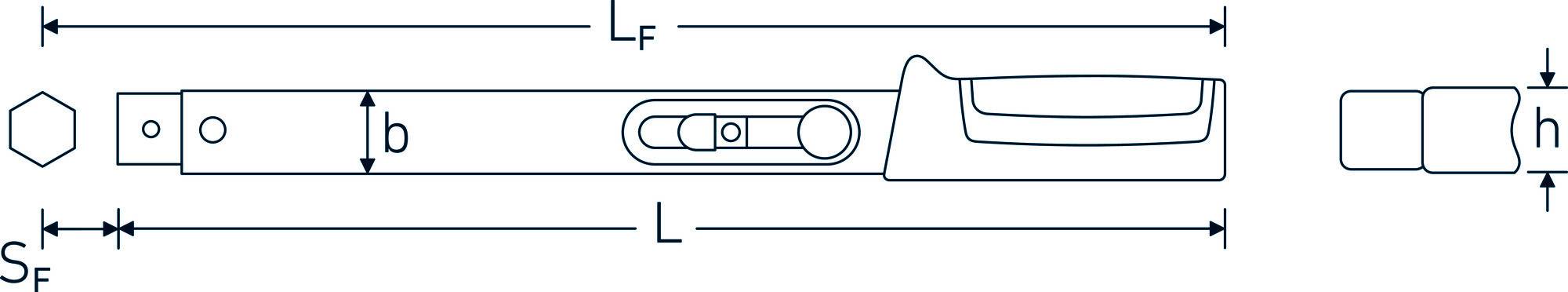 Teknisk ritning av en skiftnyckels förlängning med dimensioner: 'LF', 'h', 'b', 'L', 'SF', 'T'.