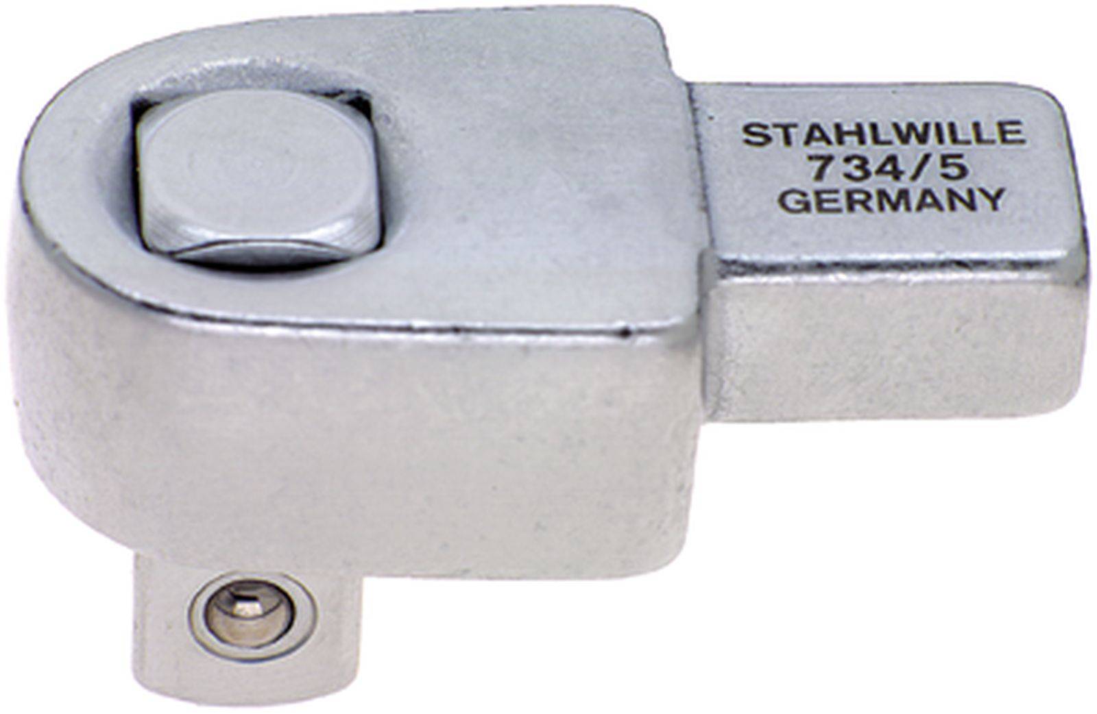 Metalladapter, rektangulär form, med kvadratisk ansats. Märkt med 'Stahlwille 734/5 Germany'. Förbinder verktyg med olika storlekar.