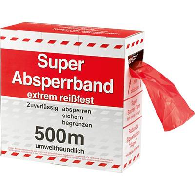 En förpackning med rött avspärrningsband, beskrivet som 'Super avspärrningsband, extremt slitstark, 500m, miljövänlig'.