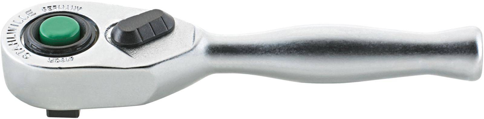 Skralle med ergonomiskt handtag, silverfärgad, med grön knapp och vändbar vippströmbrytare.