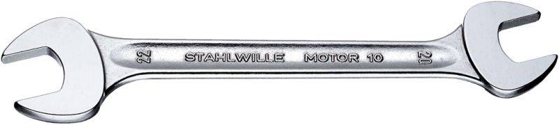 En silverfärgad skiftnyckeln med storlekar 22 mm och 21 mm samt inskriften 'Stahlwille Motor 10' på skaftet.