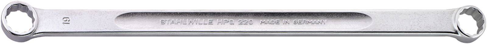 Skiftnyckel med två sexkantiga öppningar, märkt 'Stahlwille 17x19 2920 Made in Germany'. Silverfärgad, metallisk.