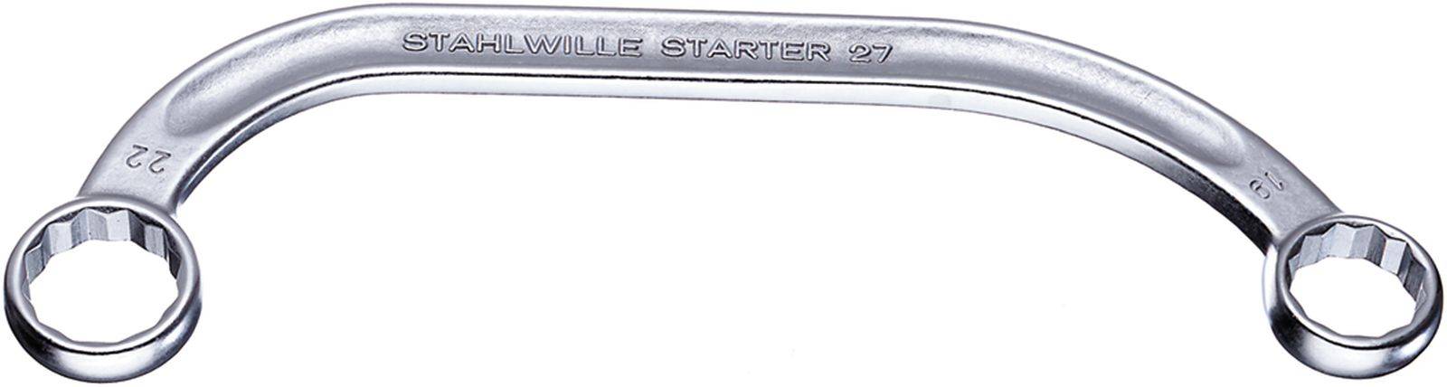 En krökt ringformad nyckel av metall med inskriften 'STAHLVILLE STAHLER 27'. I ändarna finns två runda nyckelhuvuden.