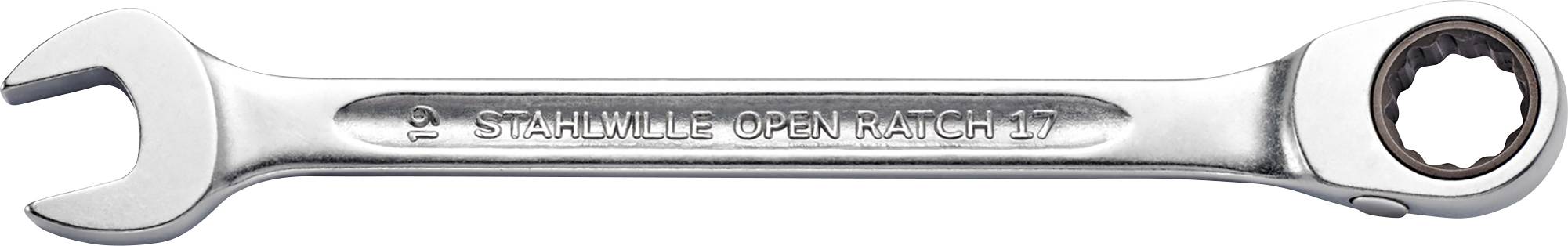 Skiftnyckel med spärrfunktion i metall, märkt 'STAHLWILLE OPEN RATCH 17'.