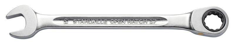 Skruvnyckel med öppen och spärrände, silver, med gravyr 'STAHLWILLE OPEN RATCH 17'.