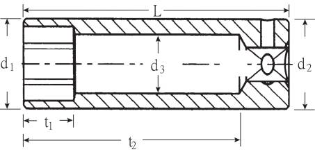 Diagram av två parallella linjer med längdangivelse 'L', avstånd 'd3' och tjocklek 't2', representerade genom skrafferingar och streckade linjer.