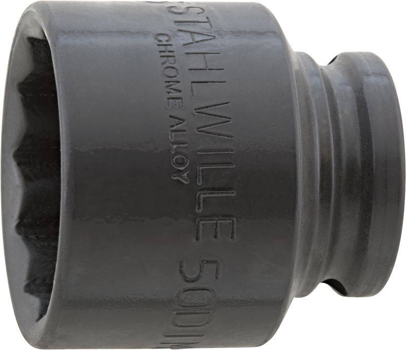Stahlwille 50mm hylsnyckel av kromlegering, svart. Cylinderformigt verktyg med kugghjulsliknande invändigt profil.