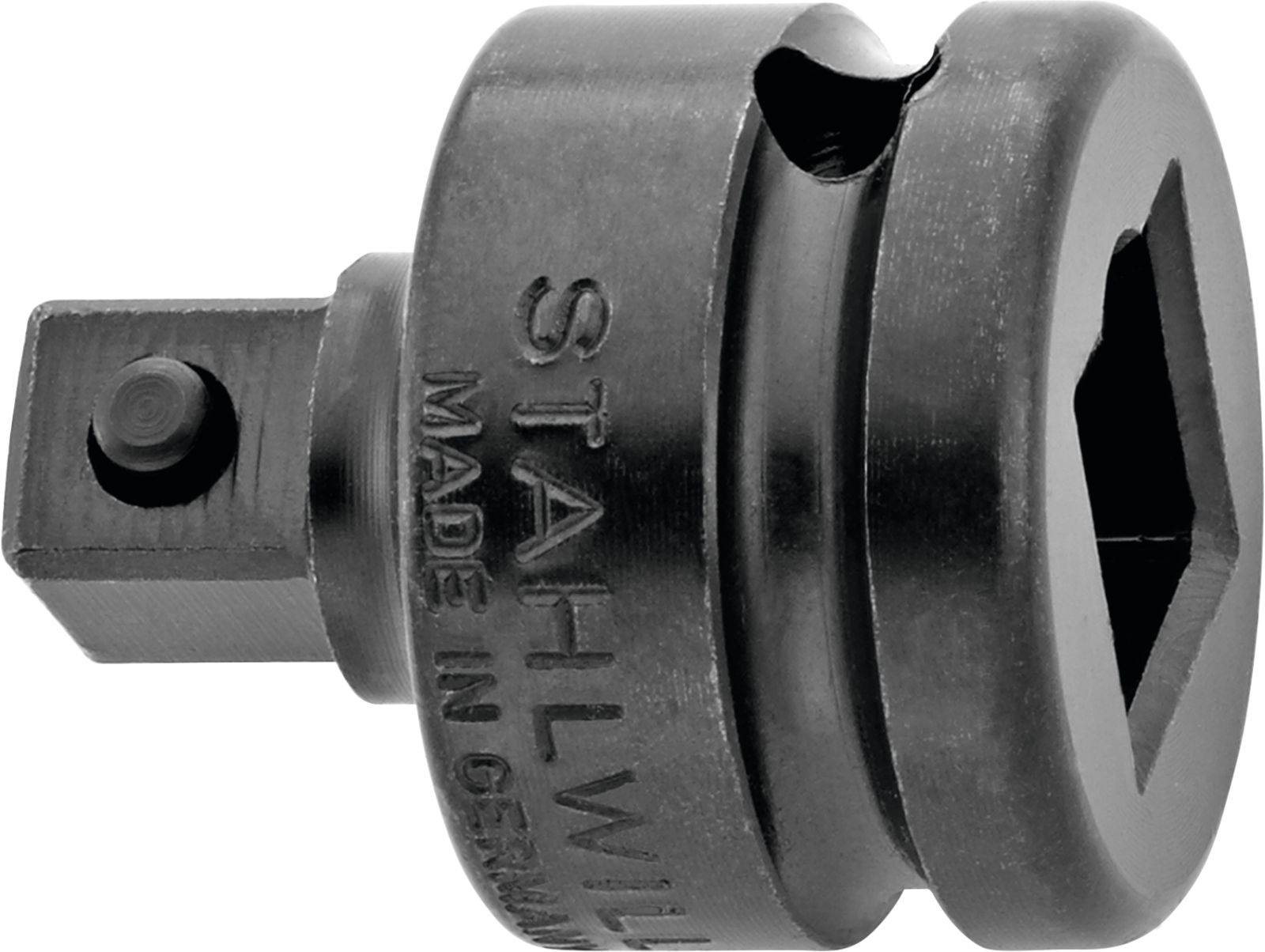 En svart metalladapter med fyrkantig anslutning och sexkantig öppning, med prägling "Stahlwille, Made in Germany".