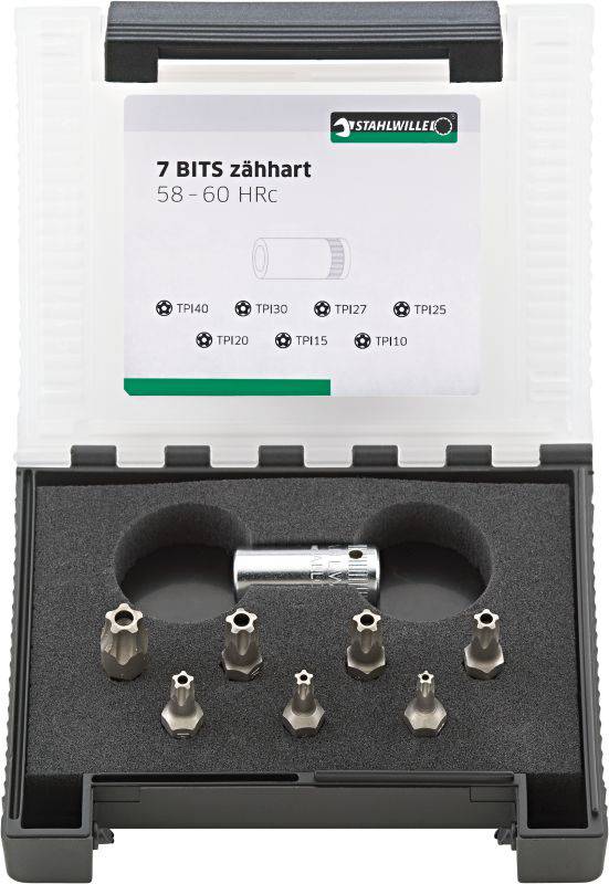 Förvaringsbox med 7 robusta bits och ett hållare, lämplig för olika skruvtyper. Etikett på locket: '7 BITS extremt hårdhet 58-60 HRC'.