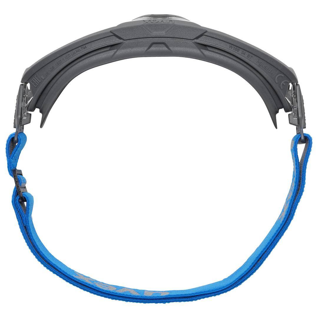 Skyddsglasögonband: Grått, flexibelt fodral med ett blått, justerbart band som ger säker fastsättning för skyddsglasögon.