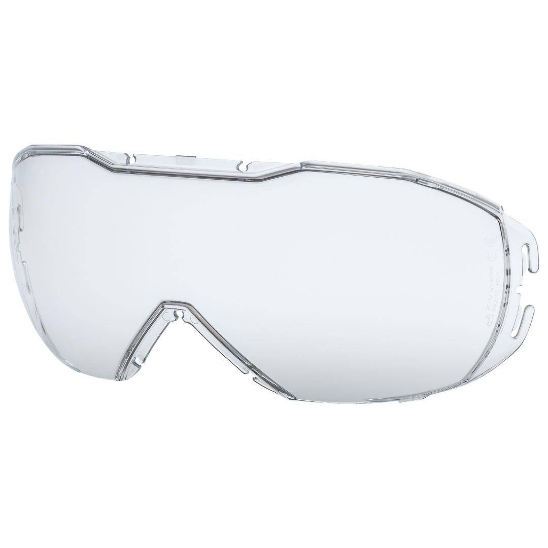 En klar skyddsglasögon med en helomslutande ram, lämplig för utomhusaktiviteter som skidåkning eller snowboarding.