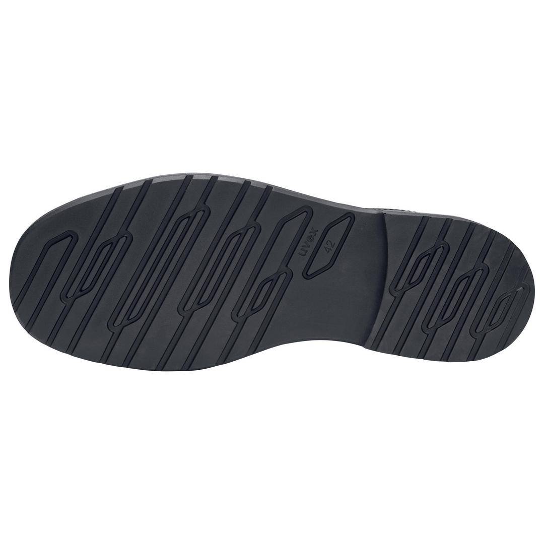 Svart skosulor med halkfritt mönster. Huvudegenskapen är de olika linjerna som ger grepp och stabilitet.