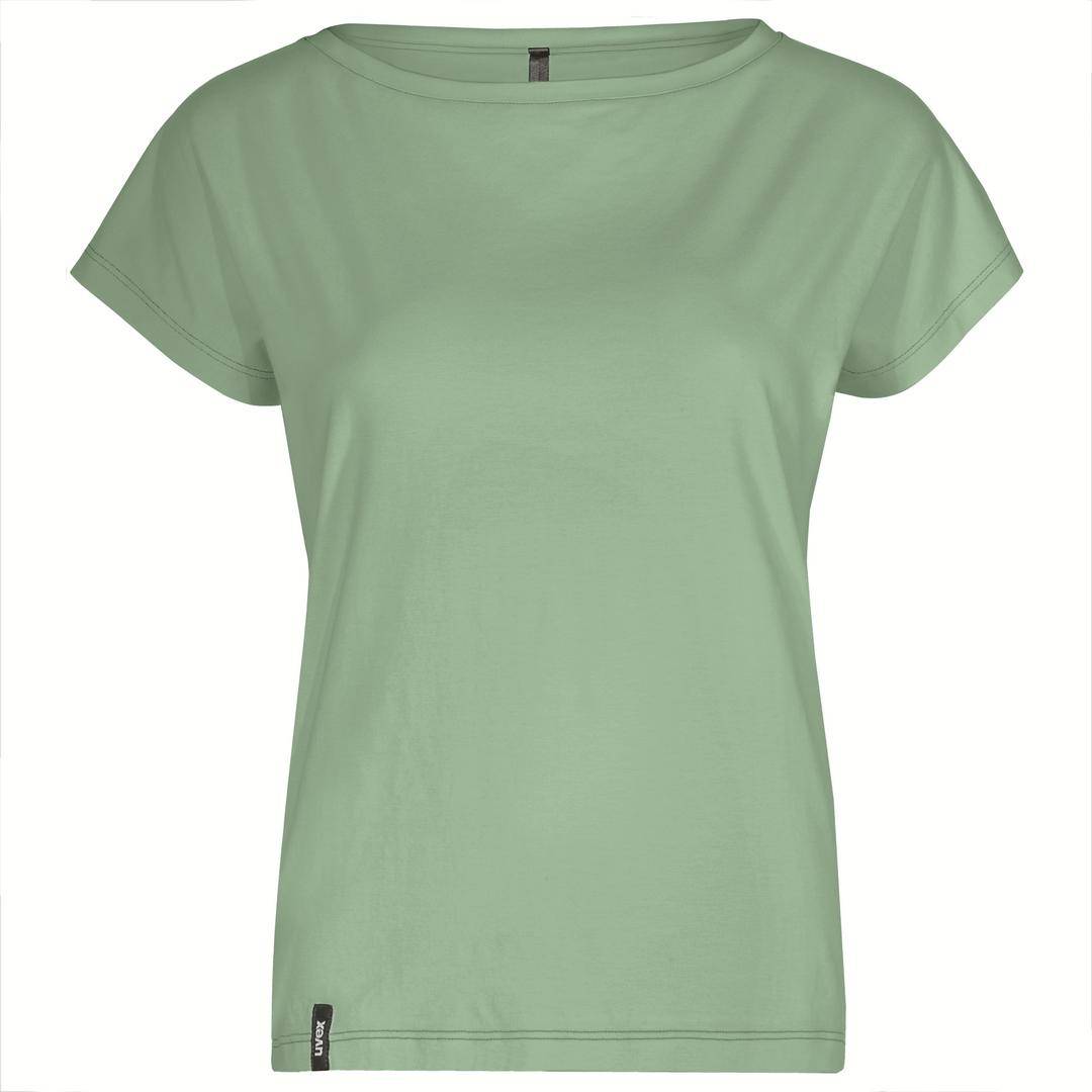 En enkel, ljusgrön t-shirt med korta ärmar, utan synliga mönster eller tryck.