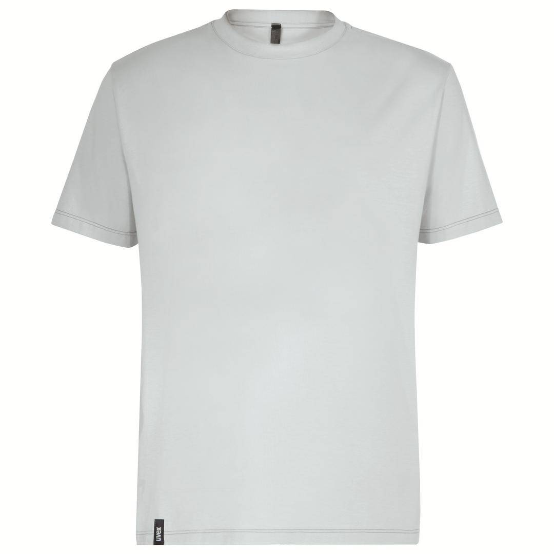 Grå T-shirt sedd framifrån, enkelt design, kortärmad med rundad hals.