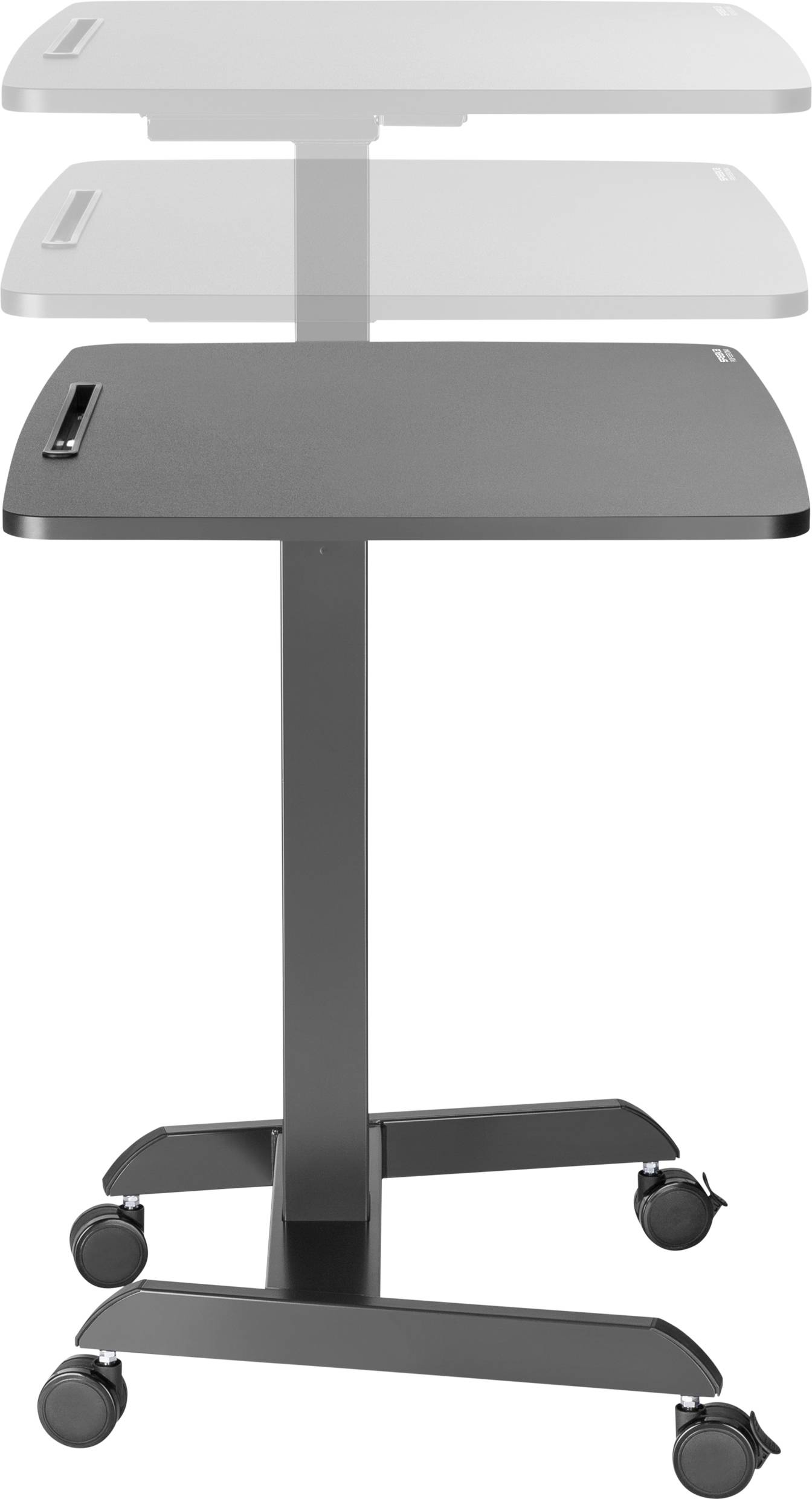 Höjdjusterbart svart bord på hjul, perfekt för flexibel användning i kontor eller arbetsytor.