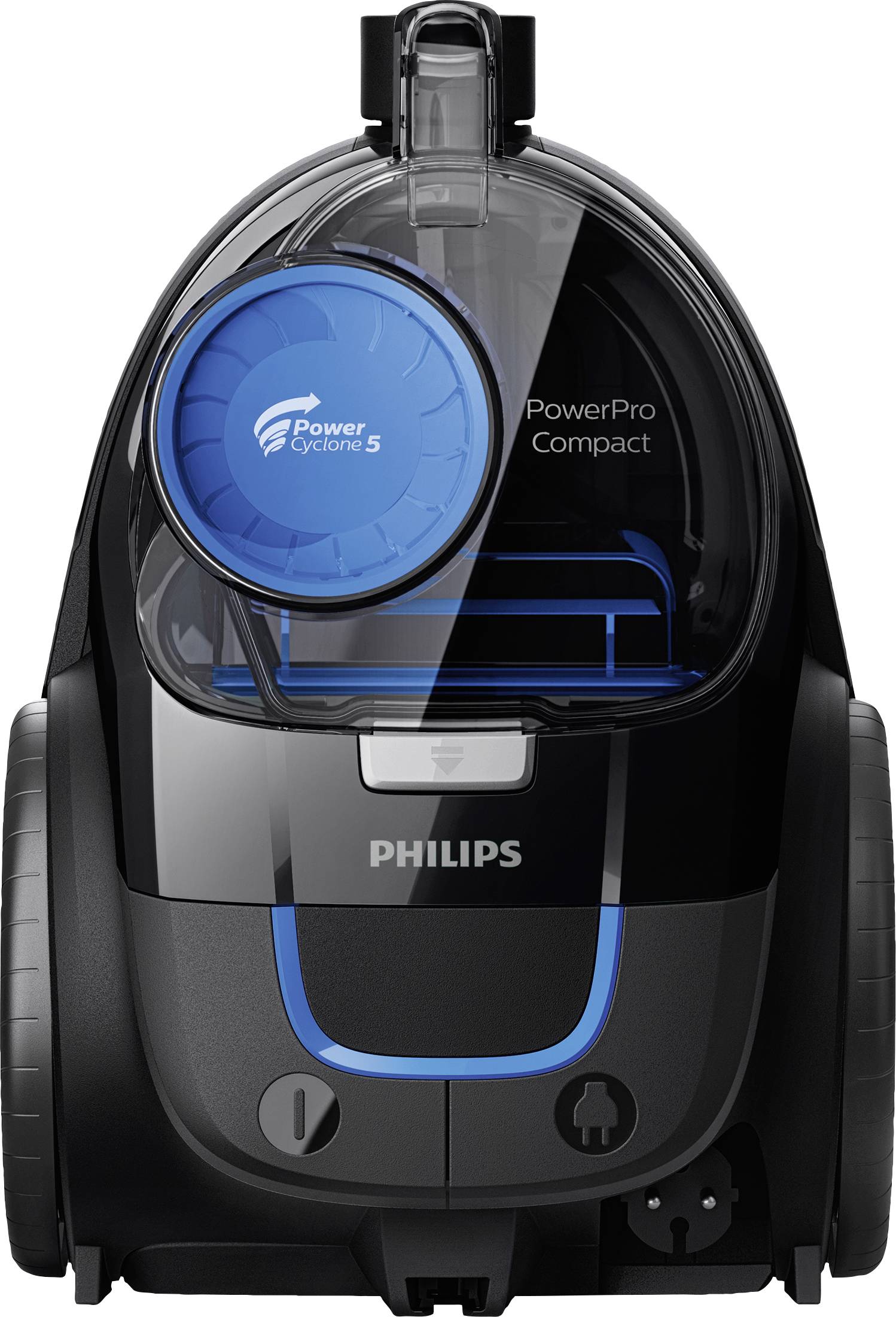 En svart dammsugare från Philips märkt 'PowerPro Compact' och 'PowerCyclone 5', med blå detaljer fram.