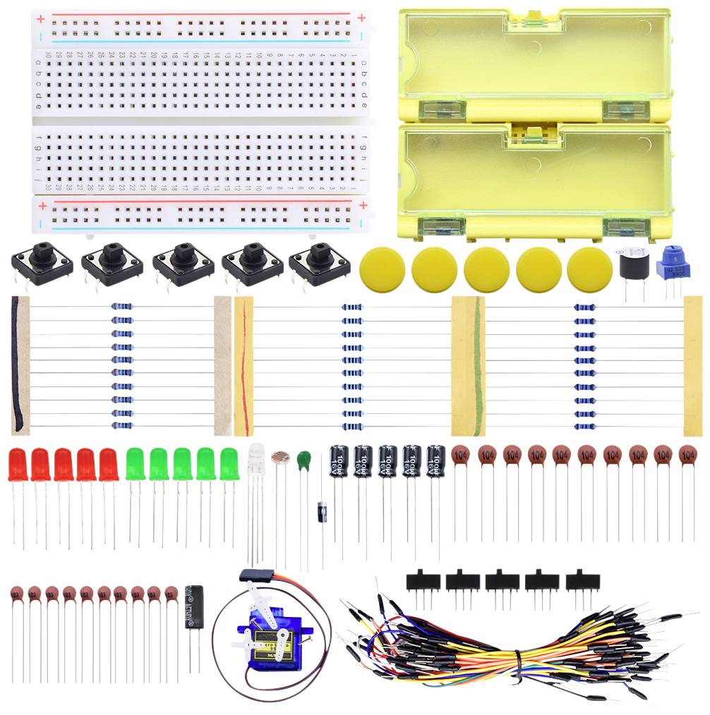 Elektronik-kit med breadboard, LED-lampor, motstånd, knappar, kondensatorer, servomotor och jumper-kablar, presenterat som en översikt.
